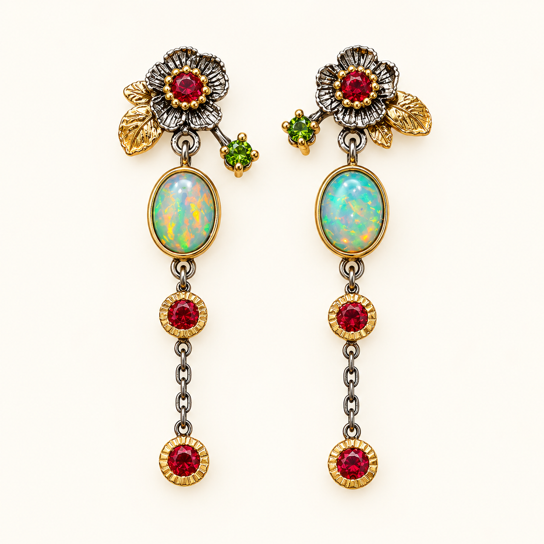 Women’s Drop Earrings with Floral Flower Motif, Oval Center and Chain Pendants
