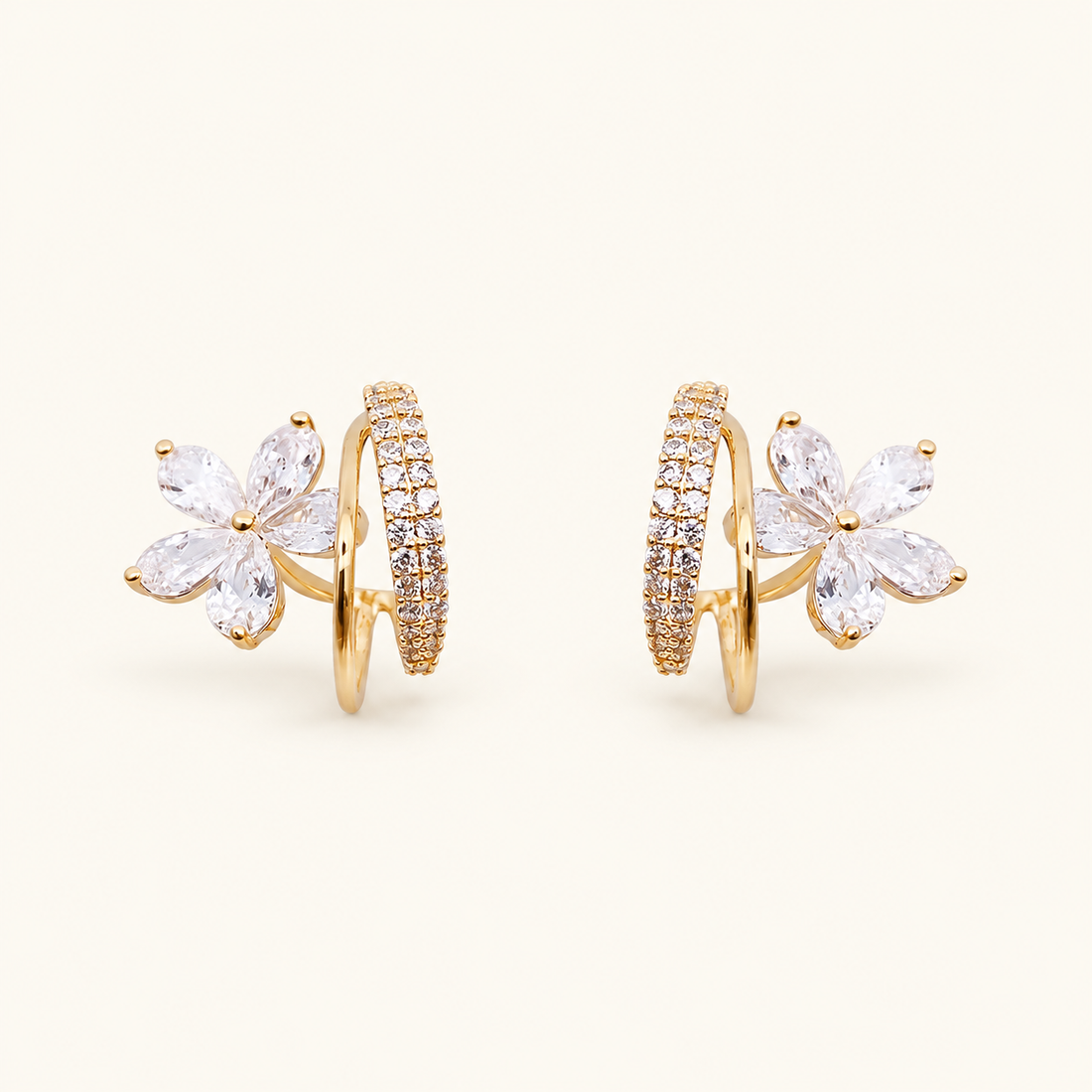 Women’s Statement Earrings with Floral Bloom Motif and Double Ring Design