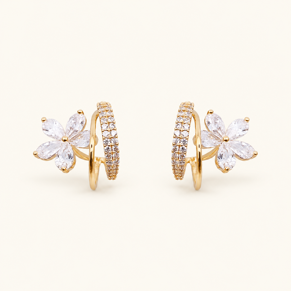 Women’s Statement Earrings with Floral Bloom Motif and Double Ring Design