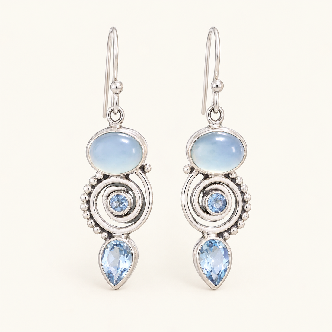 Women’s Drop Earrings with Round Center, Spiral Design and Drop Pendant