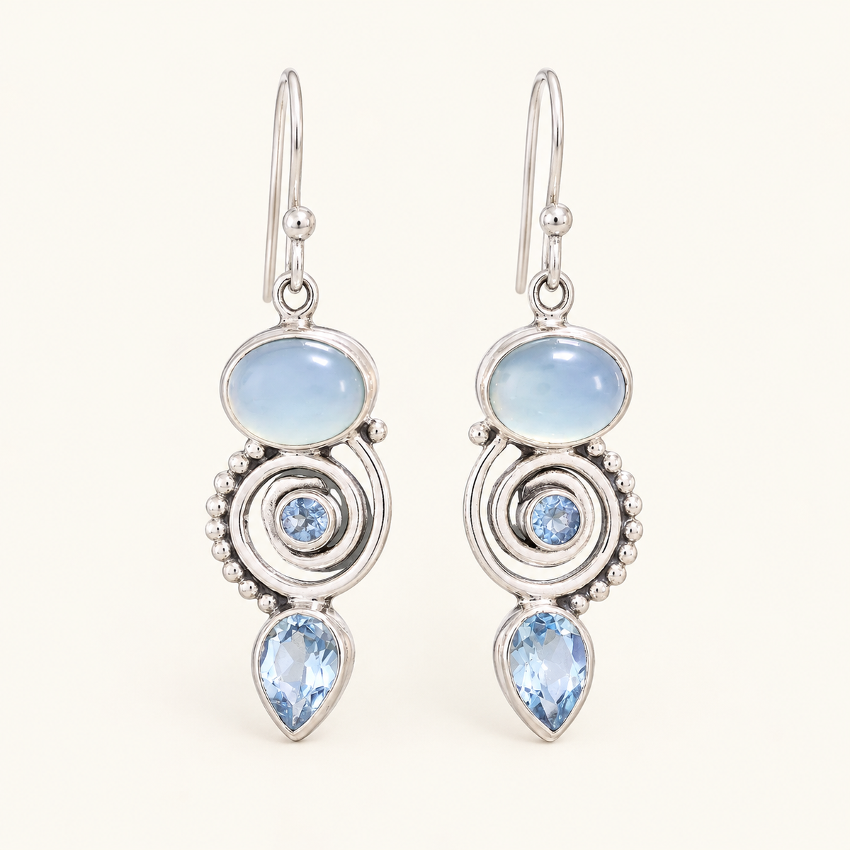 Women’s Drop Earrings with Round Center, Spiral Design and Drop Pendant