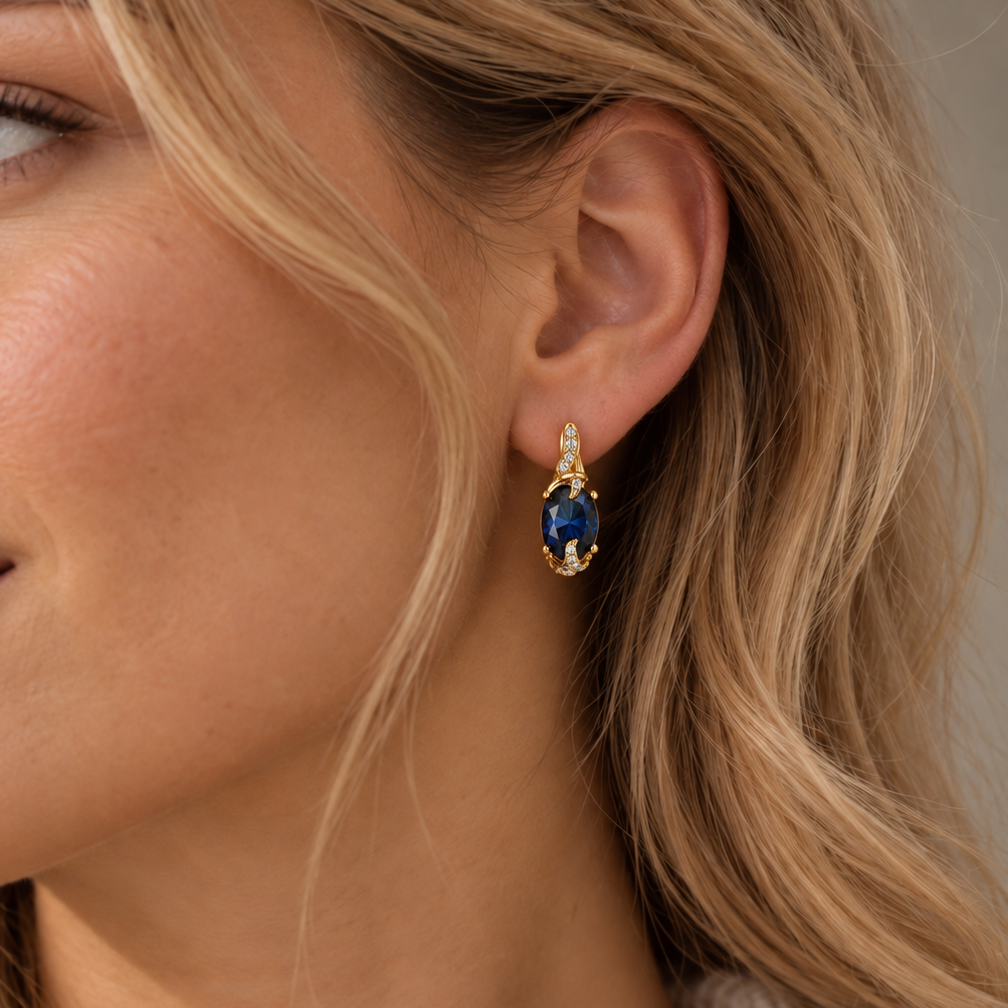 Women’s Drop Earrings with Oval Center Stone and Curved Frame