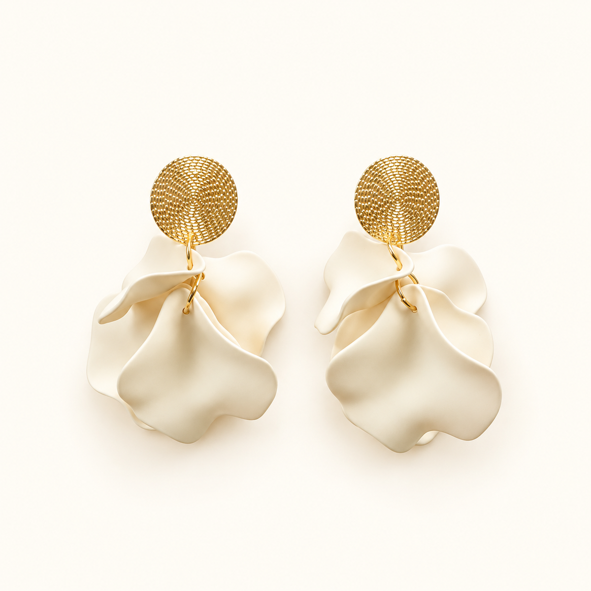 Women’s Flower Drop Earrings with Large Petals and Structured Round Disc