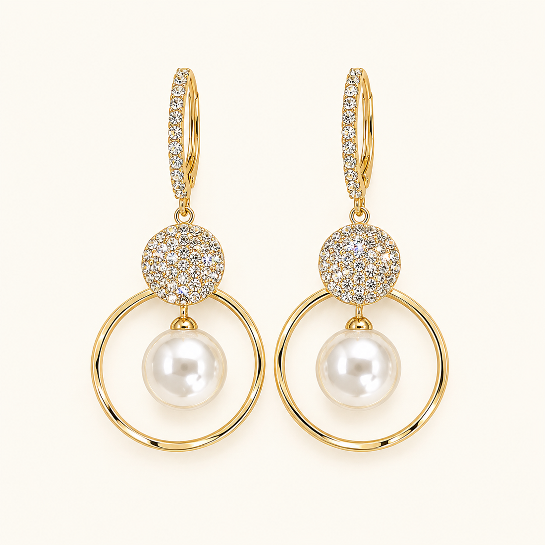 Women’s Drop Earrings with Round Stone Setting, Ring Frame and Pearl Detail