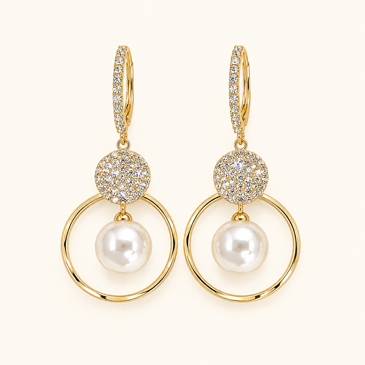 Women’s Drop Earrings with Round Stone Setting, Ring Frame and Pearl Detail