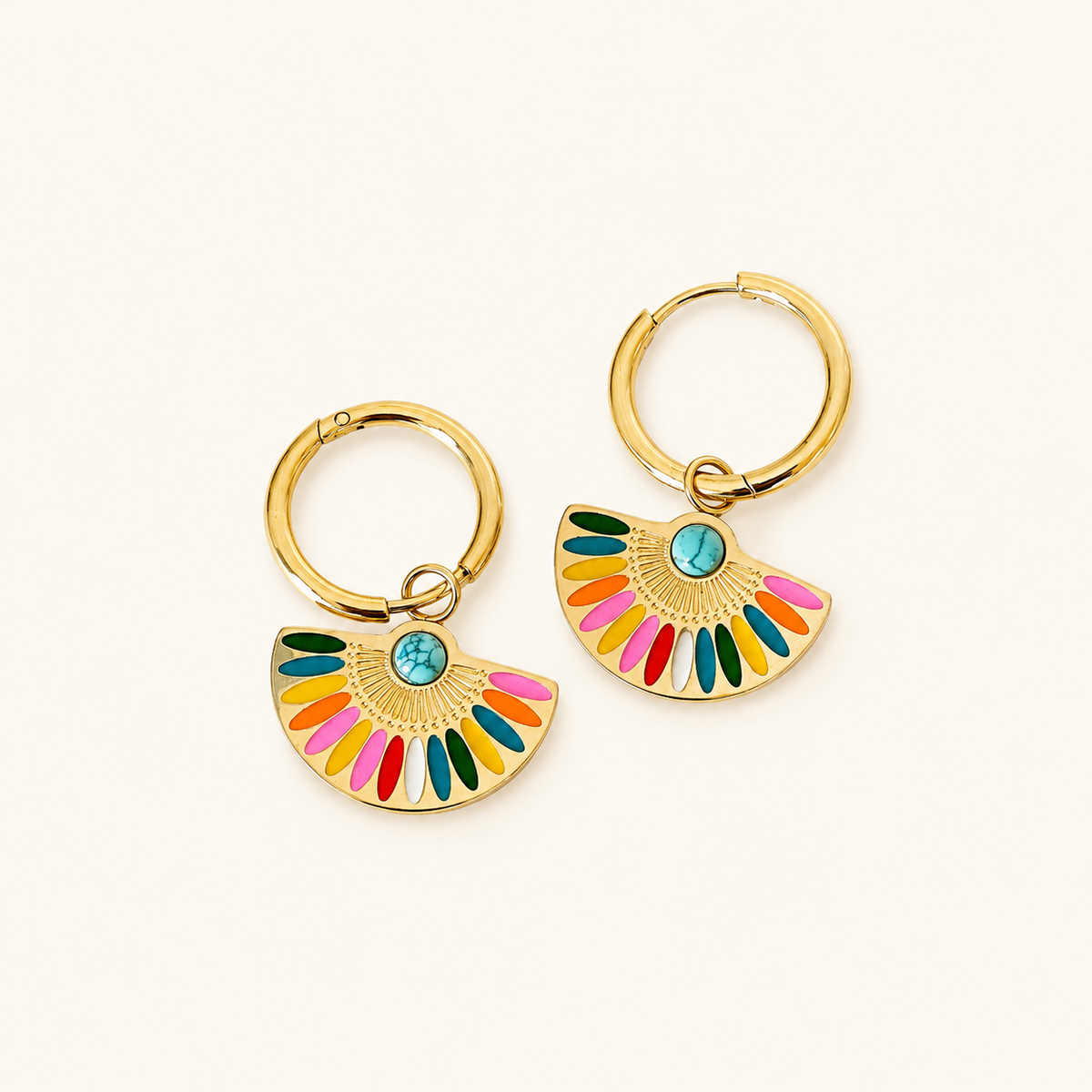Women’s Fan Drop Earrings with Multicolored Enamel Design and Hoop Shape