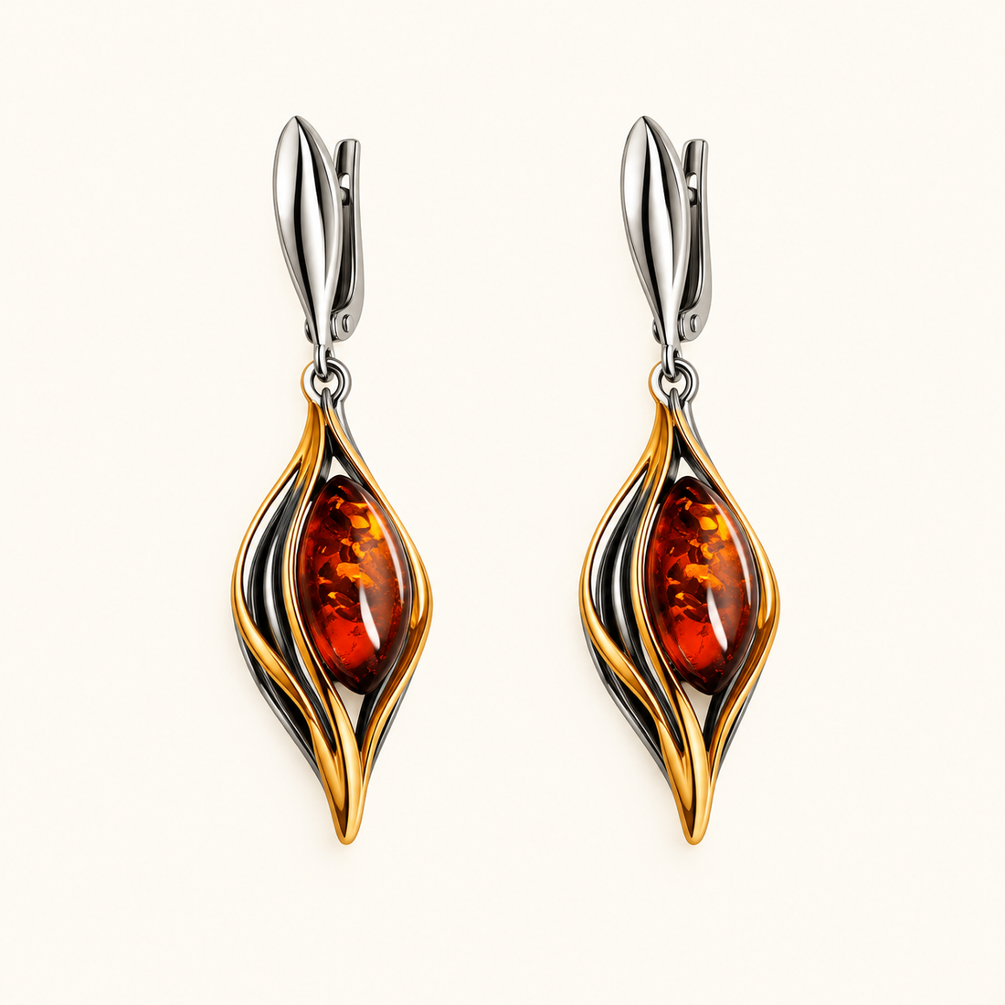 Women’s Drop Earrings with Elongated Stone Centerpiece and Curved Frame Design