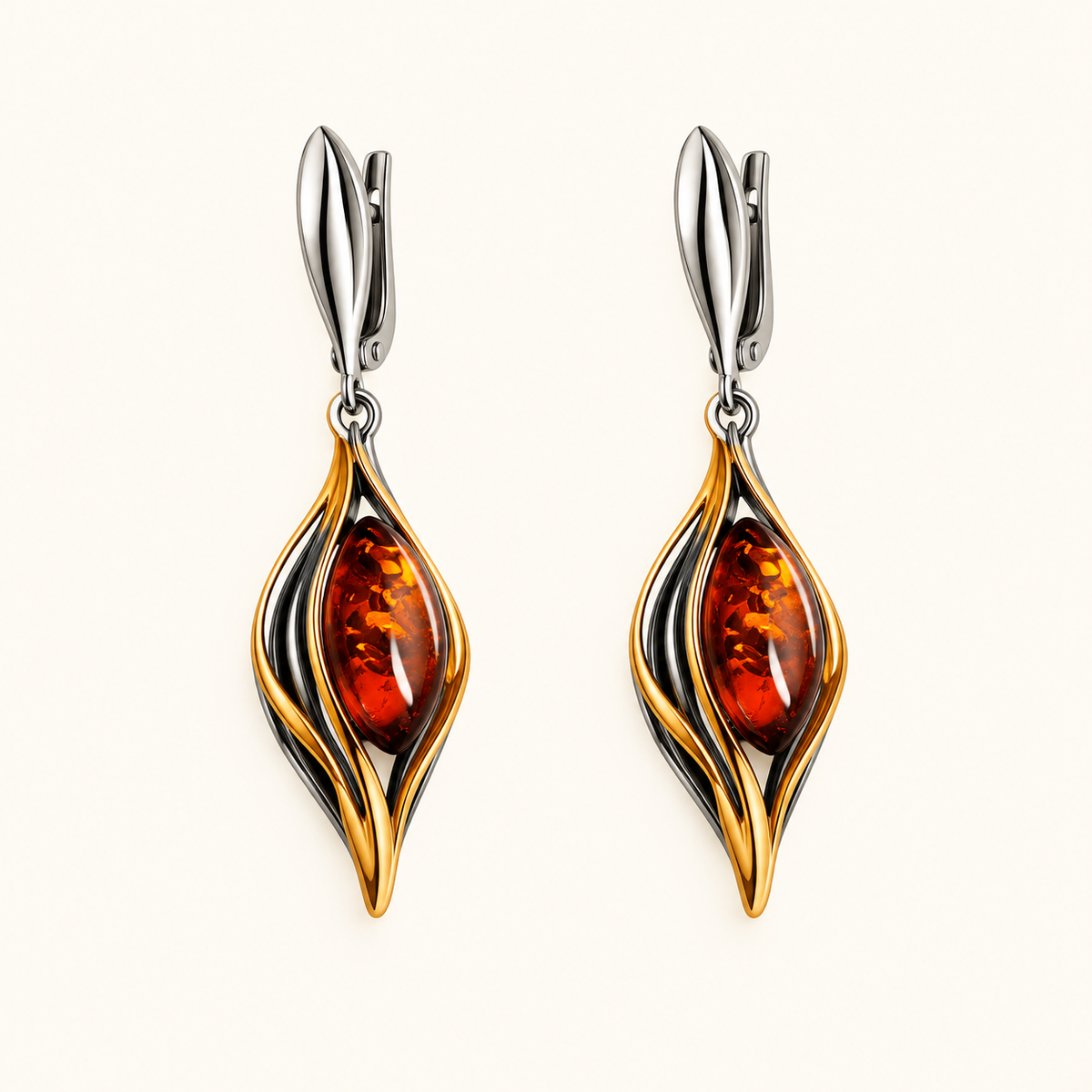 Women’s Drop Earrings with Elongated Stone Centerpiece and Curved Frame Design
