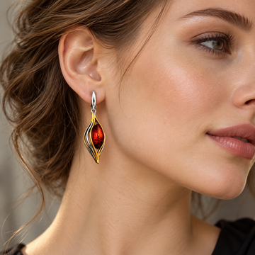 Women’s Drop Earrings with Elongated Stone Centerpiece and Curved Frame Design
