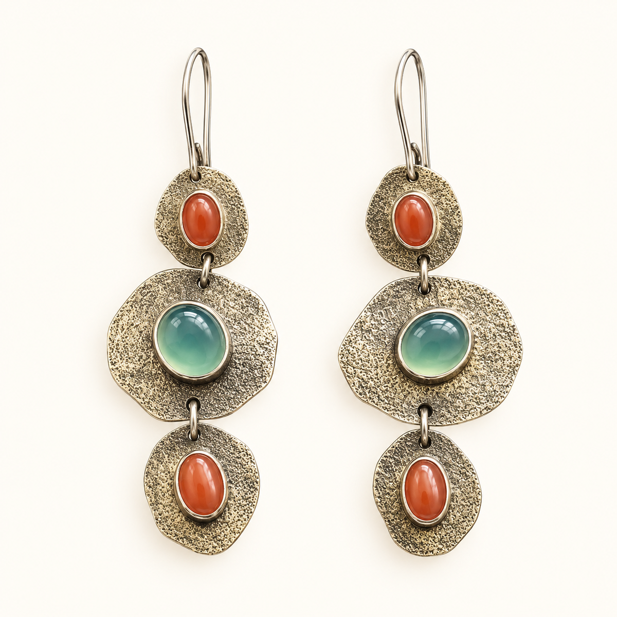 Women’s Drop Earrings with Organic Round Shapes and Oval Stone Accents