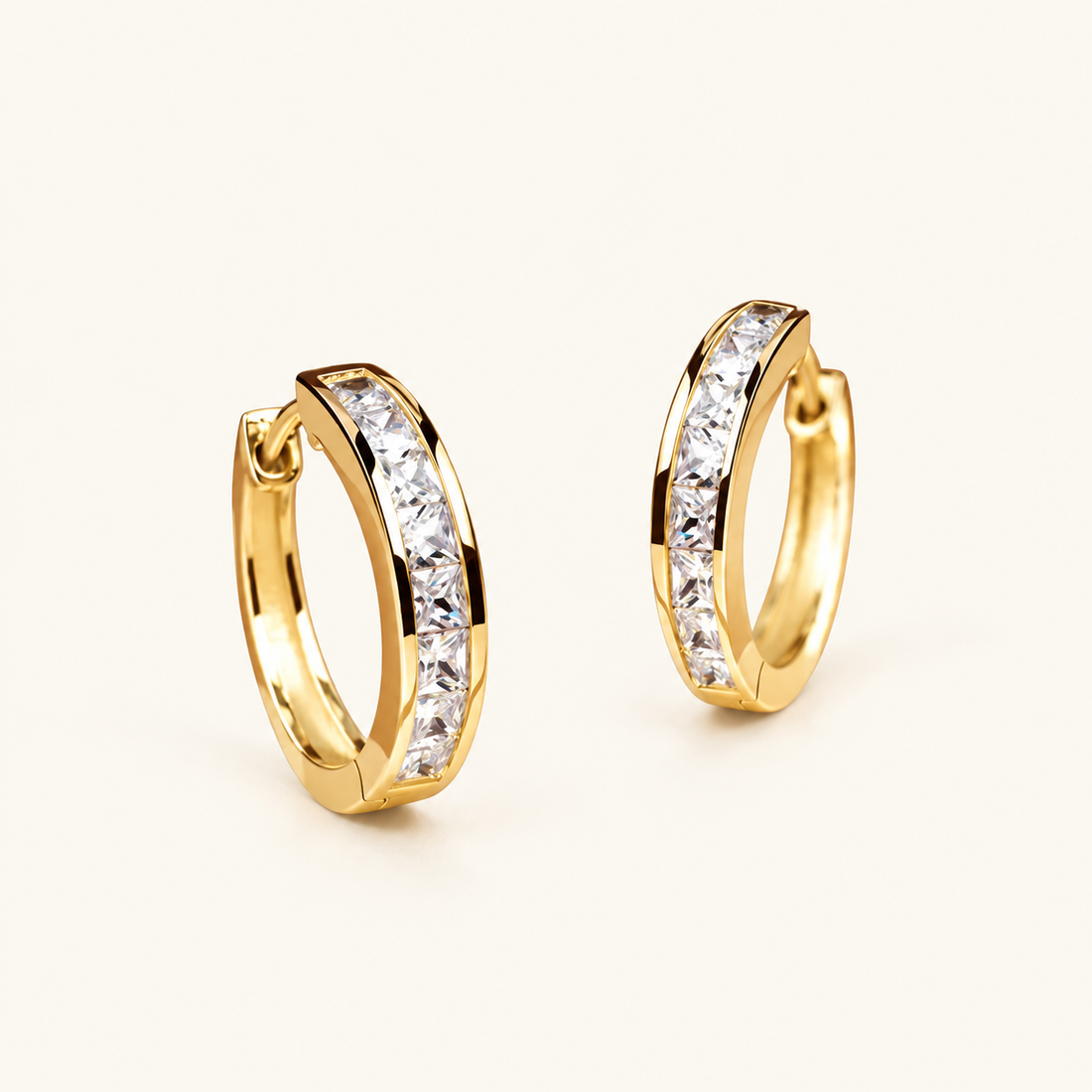 Women’s Hoop Earrings with Square Stone Setting and Slim Ring Design
