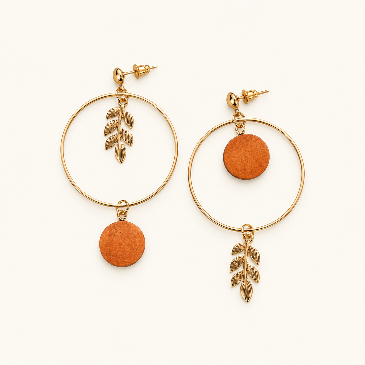 Women’s Hoop Earrings with Botanical Design, Wood Disc and Leaf Pendant