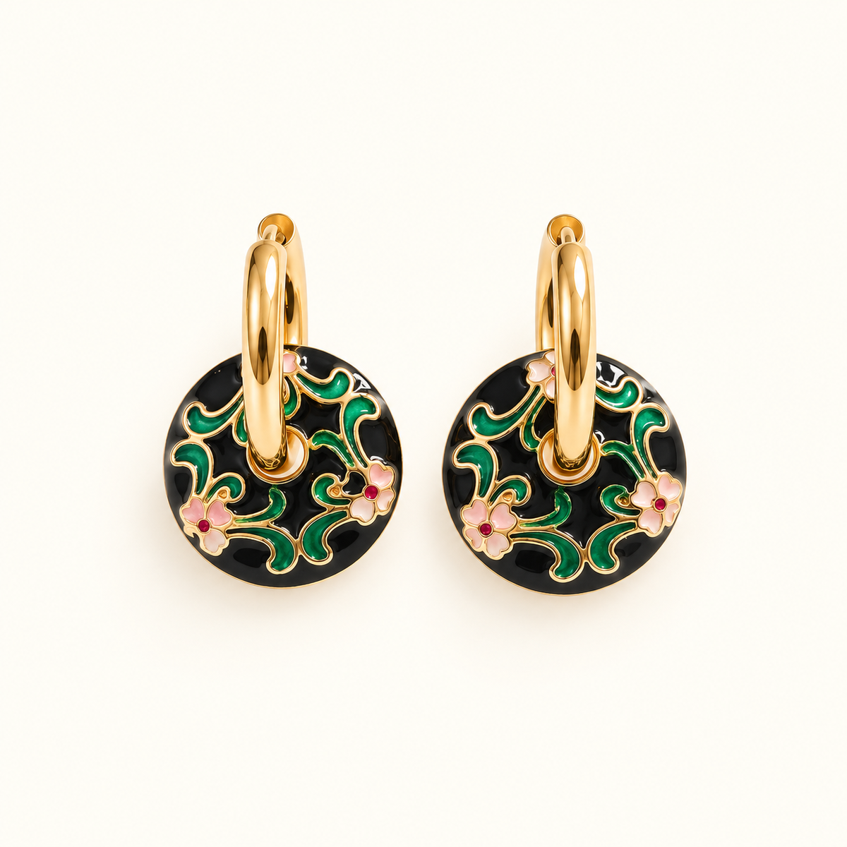 Dangle Earrings for Women’s with Floral Disc Pendant and Enamel Details