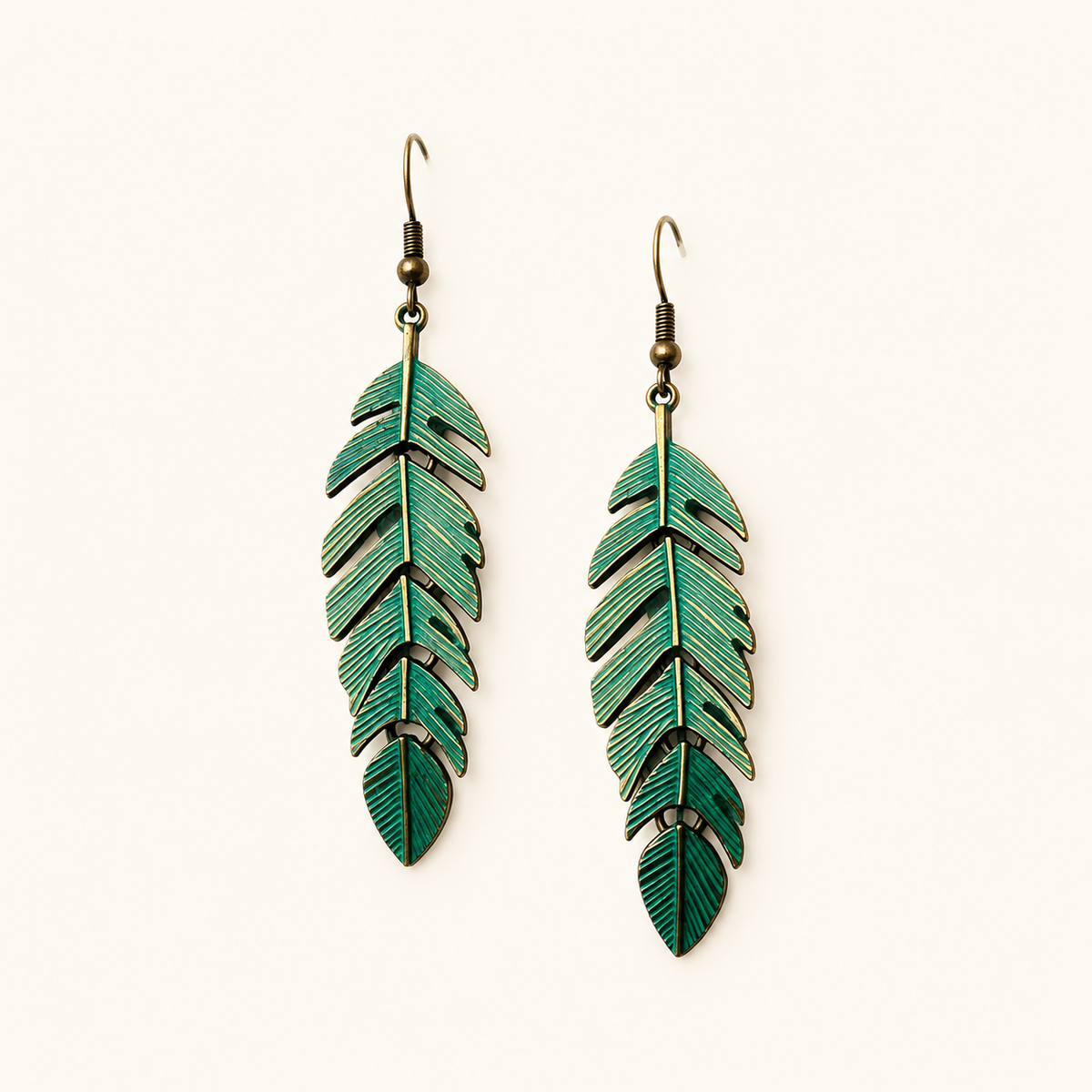 Women’s Drop Earrings with Feather Design and Elongated Leaf Pattern as well as Hook Clasp