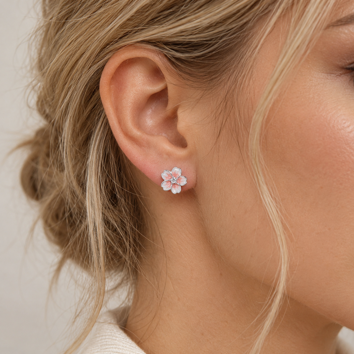 Women’s Cherry Blossom Ear Studs with Gradient and Stone Accents