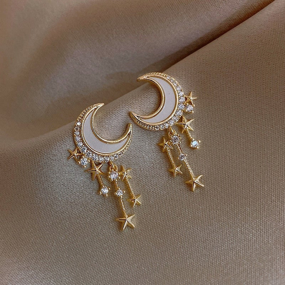 Women’s Moon Earrings with Stars Pendants and Cascade Design