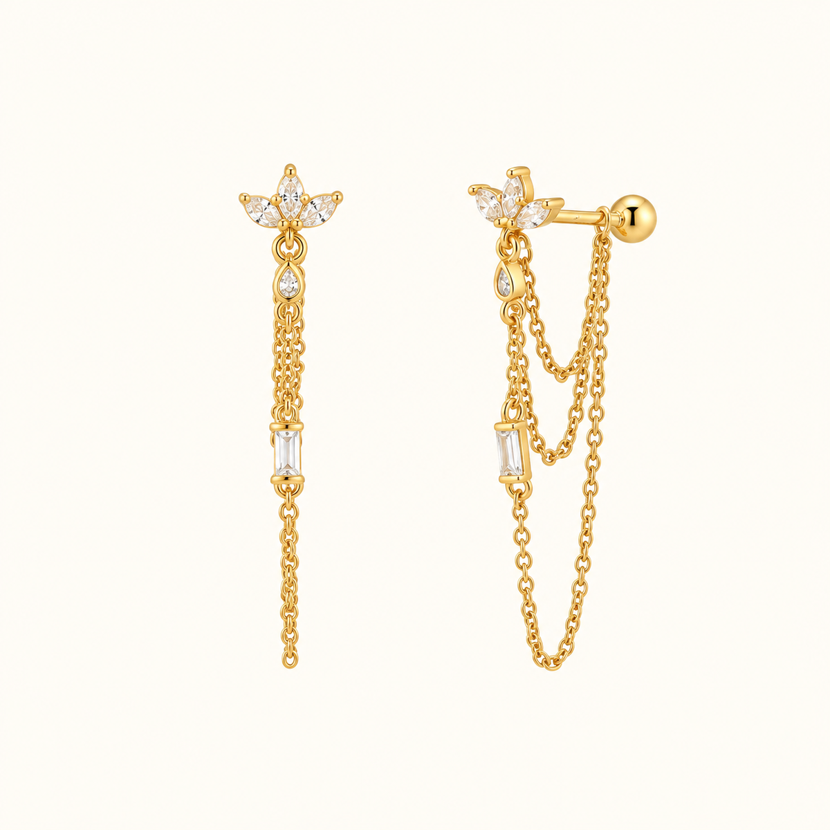 Women’s Chain Earrings with Star Motif and Elongated Stone Accent