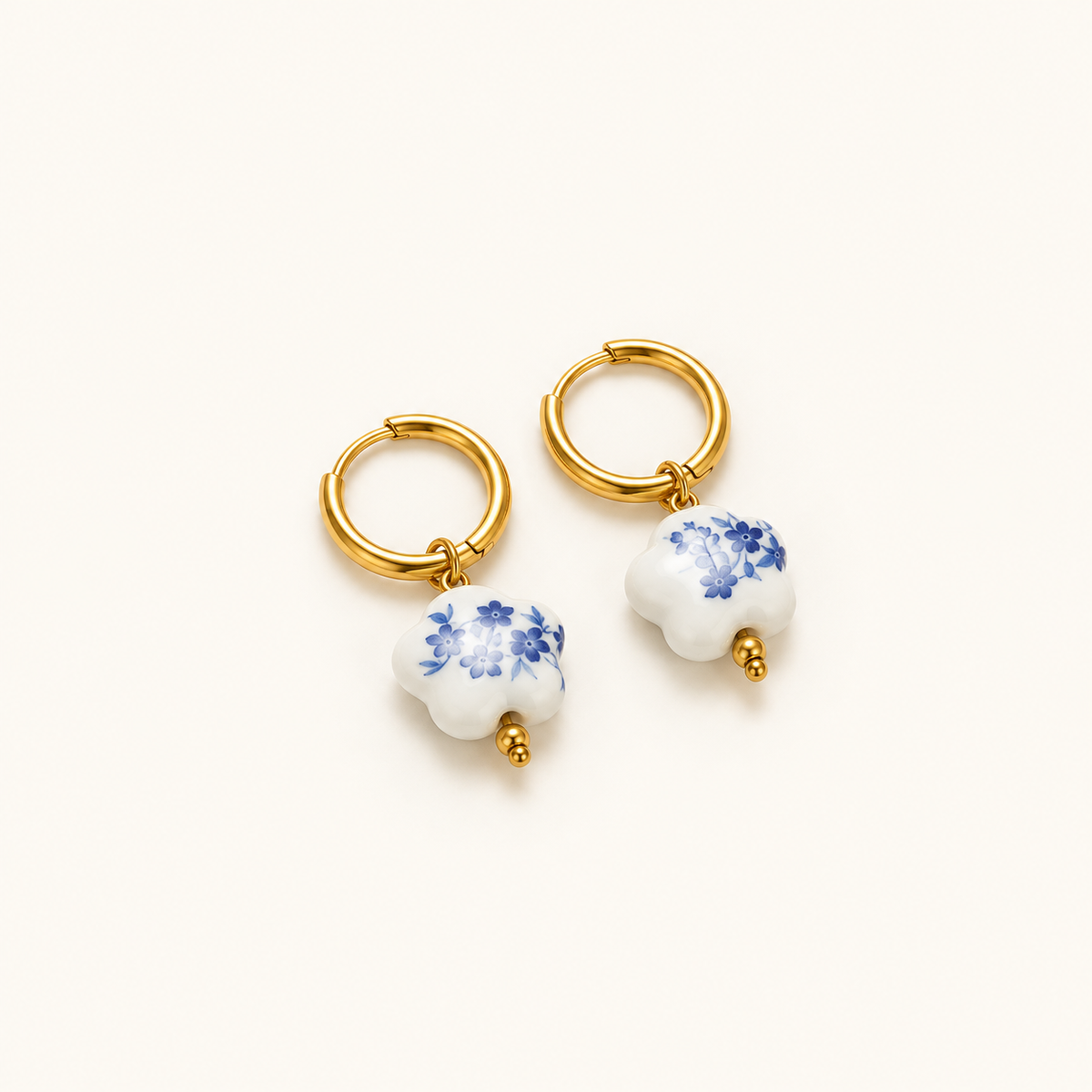 Women’s Drop Earrings with Floral Painted Bead Pendant and Small Hoop