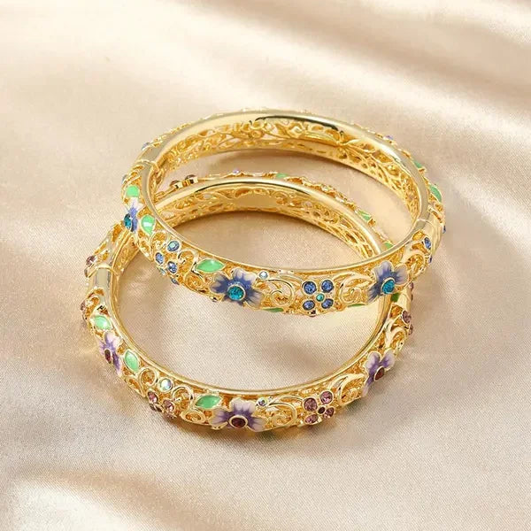 Women's Open Flower Bracelet with Enamel Details and Stone Accents