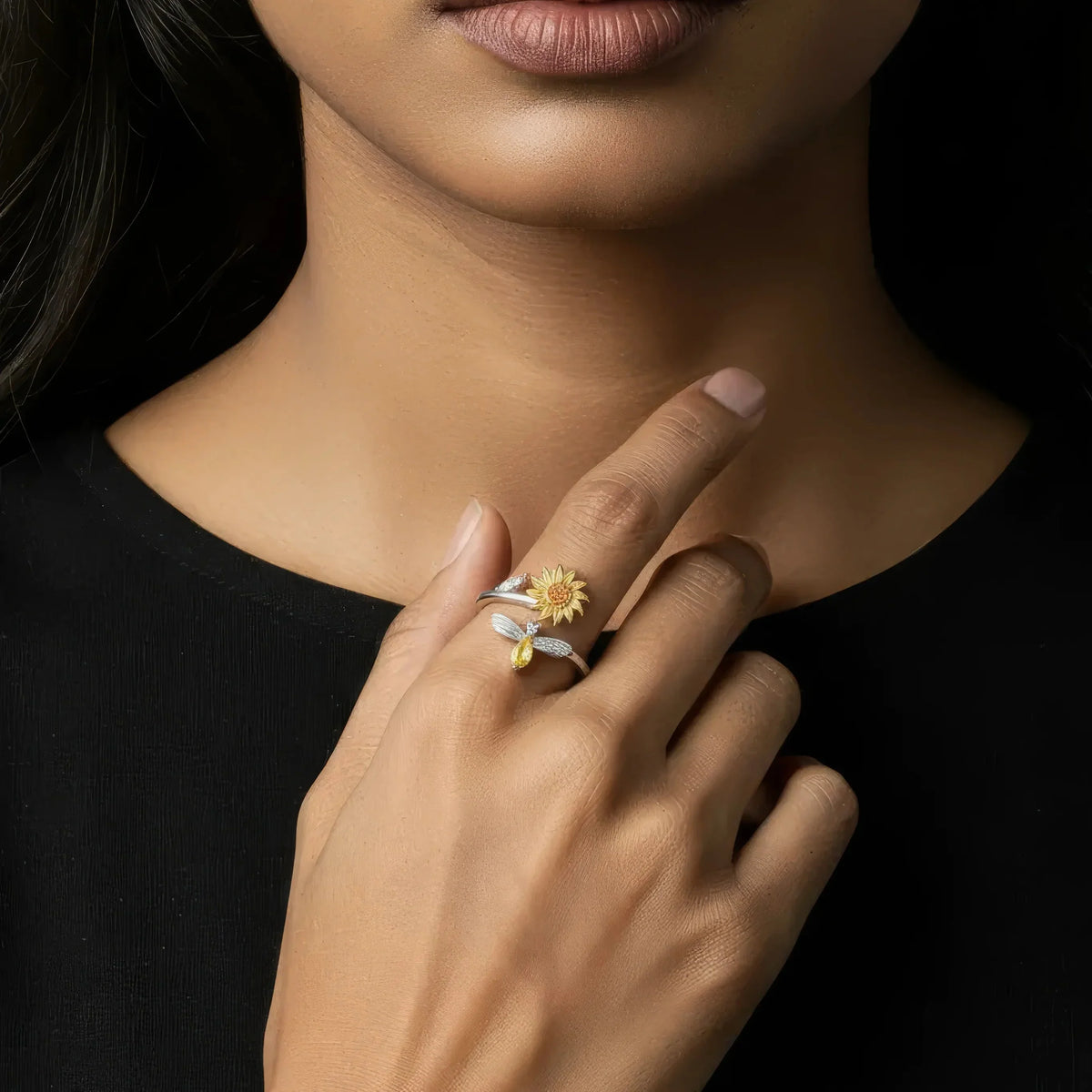 Women’s Adjustable Open Ring with Sunflower and Bee Design