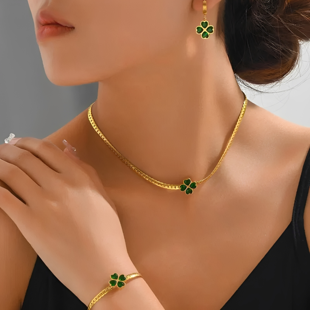 Women's 3-Piece Four Leaf Clover Jewelry Set with Necklace, Bracelet and Earrings