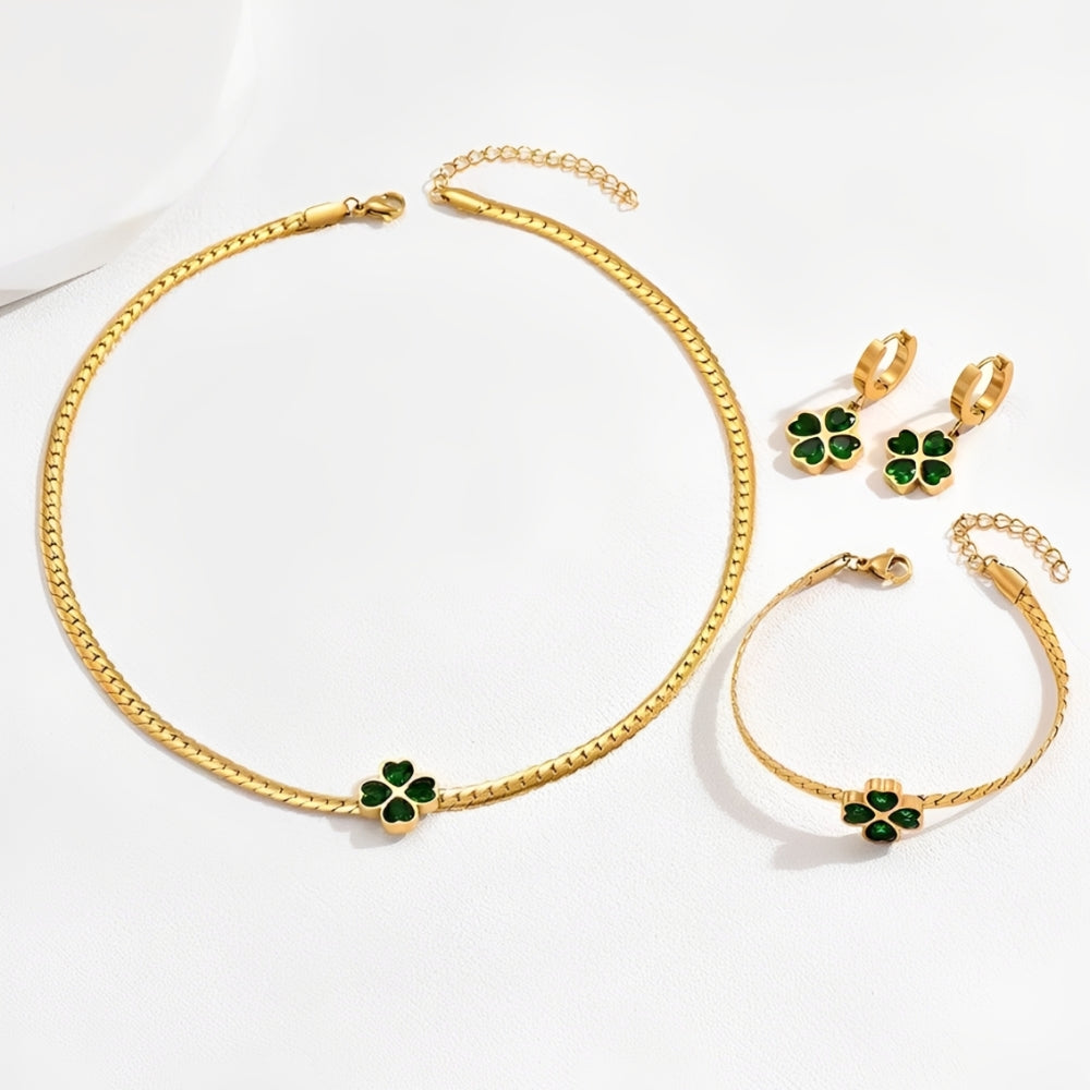Women's 3-Piece Four Leaf Clover Jewelry Set with Necklace, Bracelet and Earrings