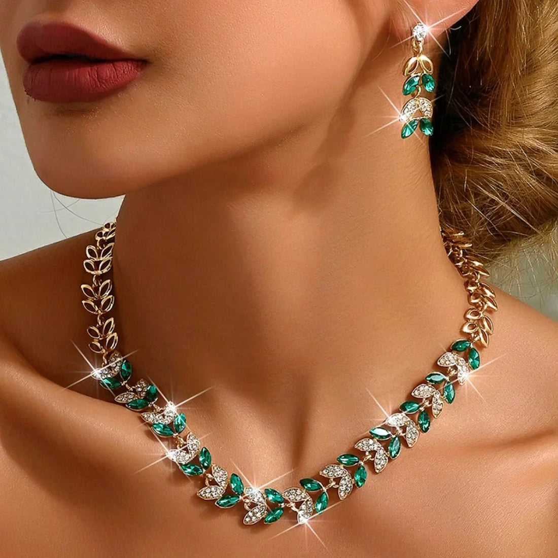 Women 3-piece Necklace and Earrings Set with Leaf Design and Stone Accents