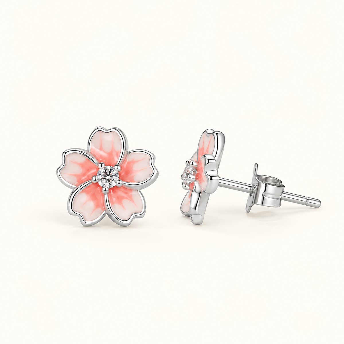 Women’s Cherry Blossom Ear Studs with Gradient and Stone Accents