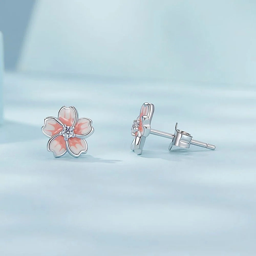 Women’s Cherry Blossom Ear Studs with Gradient and Stone Accents