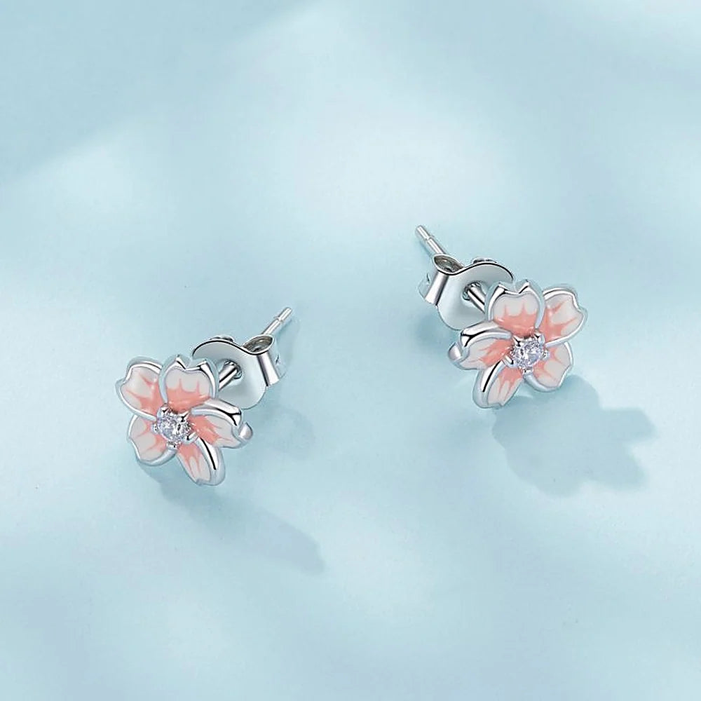 Women’s Cherry Blossom Ear Studs with Gradient and Stone Accents