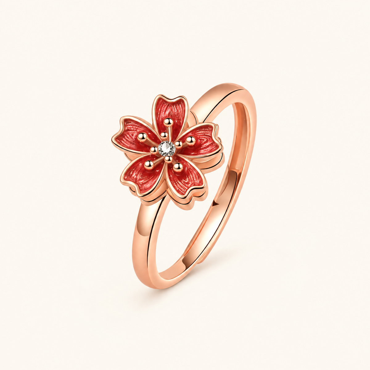 Women’s Adjustable Ring with Five Petal Flower Motif and Stone Accent