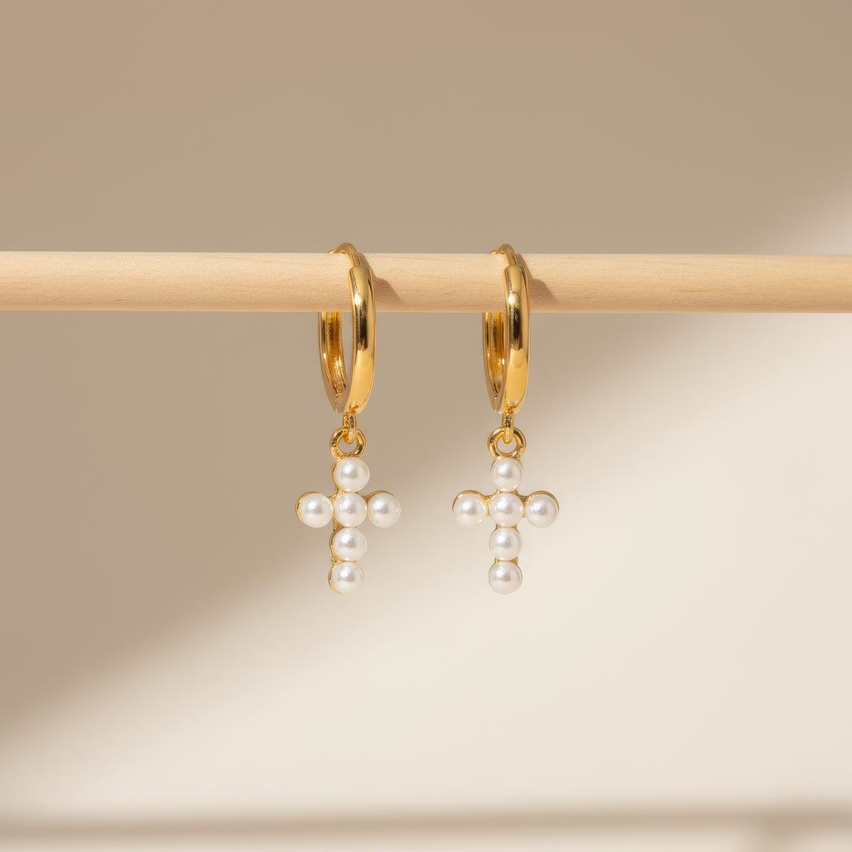 Women’s Huggie Earrings with Cross Pendant and Pearl Details