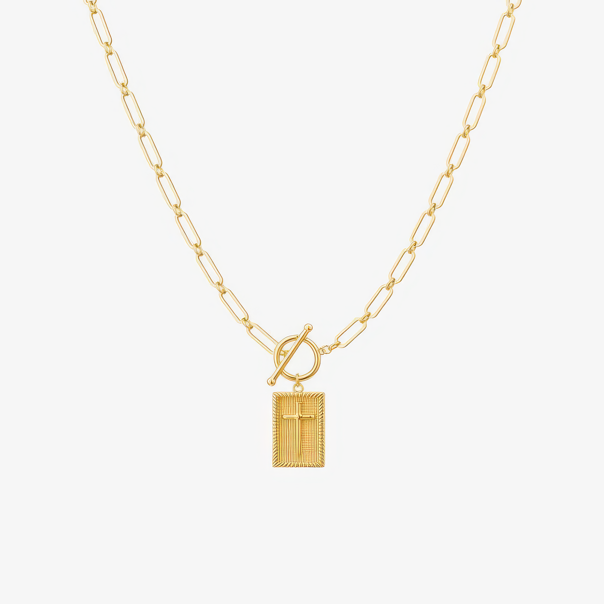 Women's Pendant Necklace with Rectangular Pendant, Paperclip Chain and Toggle Clasp