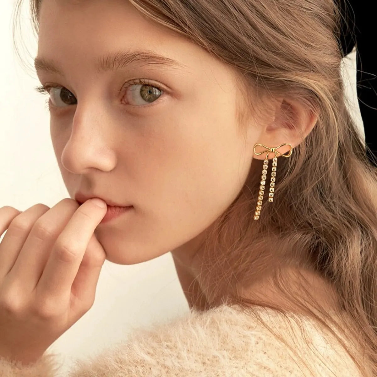Women's Drop Earrings with Bow Motif and Double Stone Fringes
