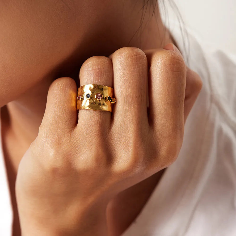 Women's Statement Ring with Hammered Surface and Multiple Stone Accents