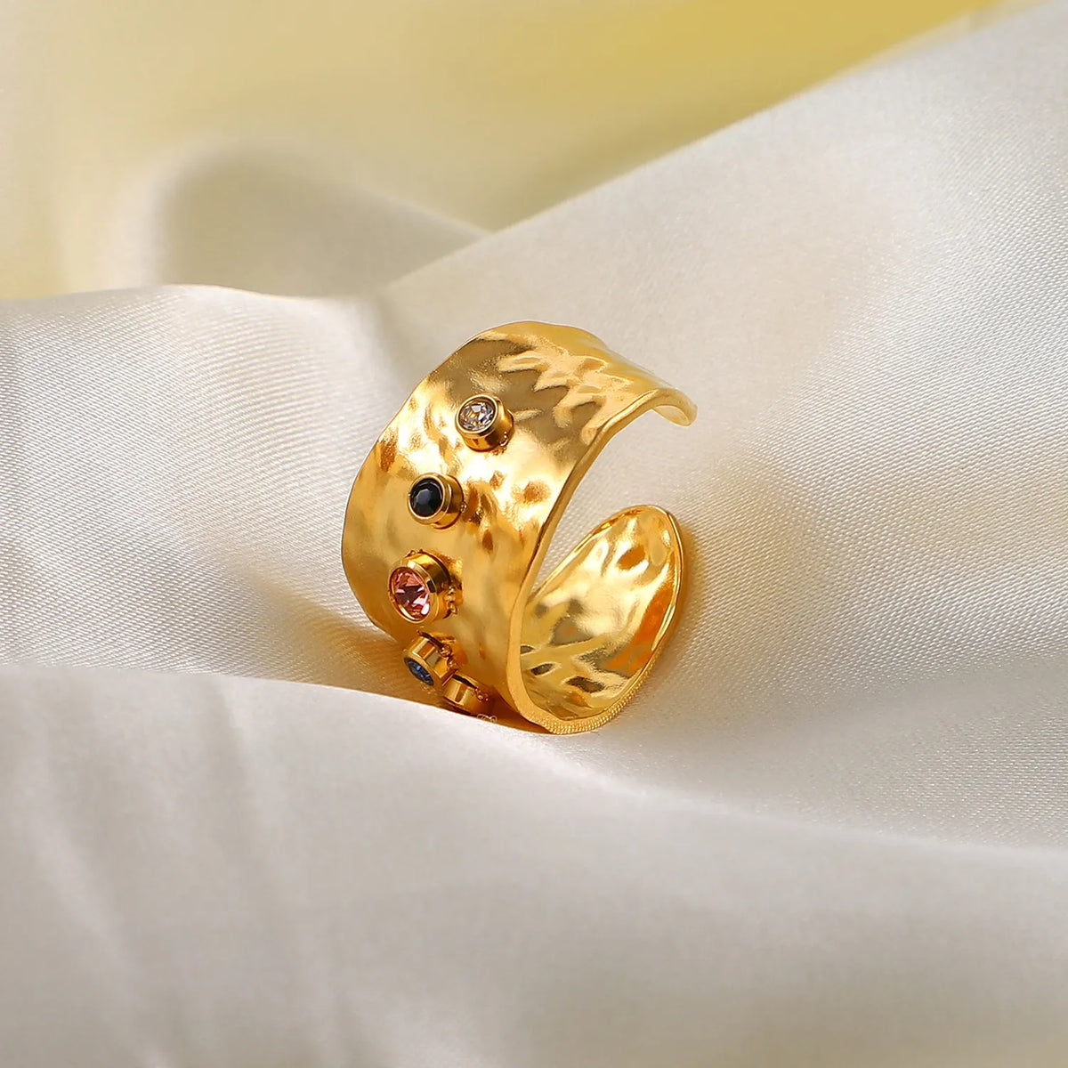 Women's Statement Ring with Hammered Surface and Multiple Stone Accents