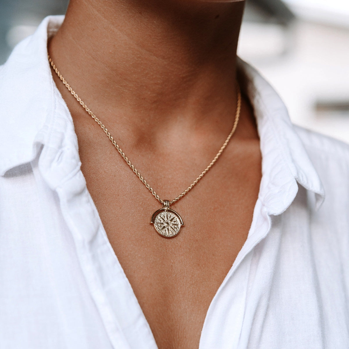 Women's Sun Pendant Necklace with Round Medallion and Ray Motif