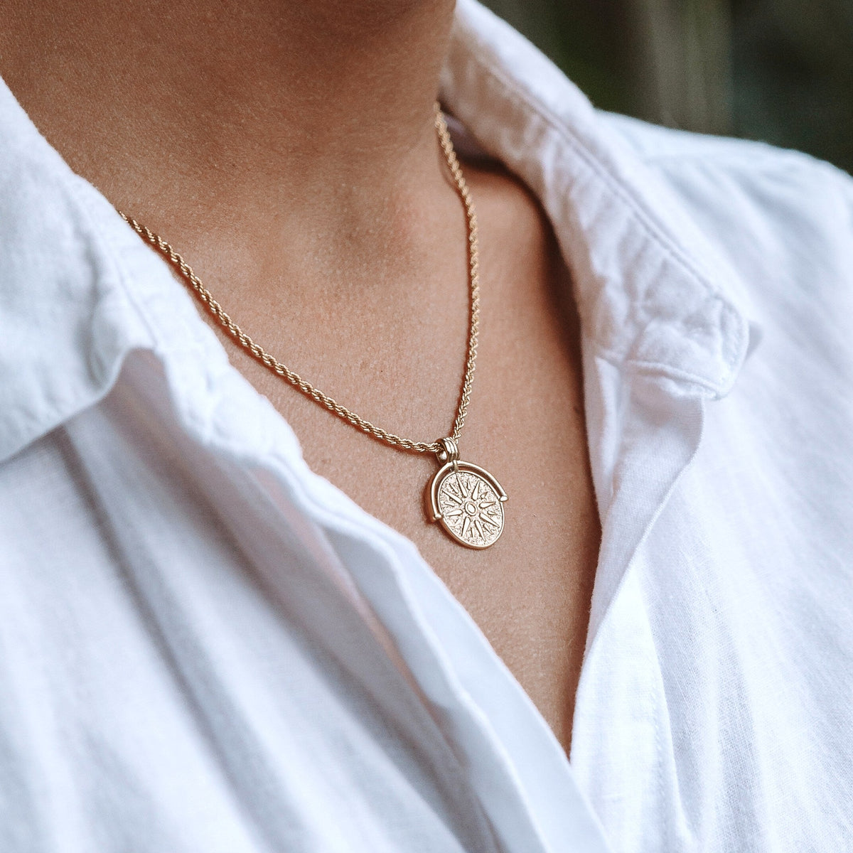 Women's Sun Pendant Necklace with Round Medallion and Ray Motif