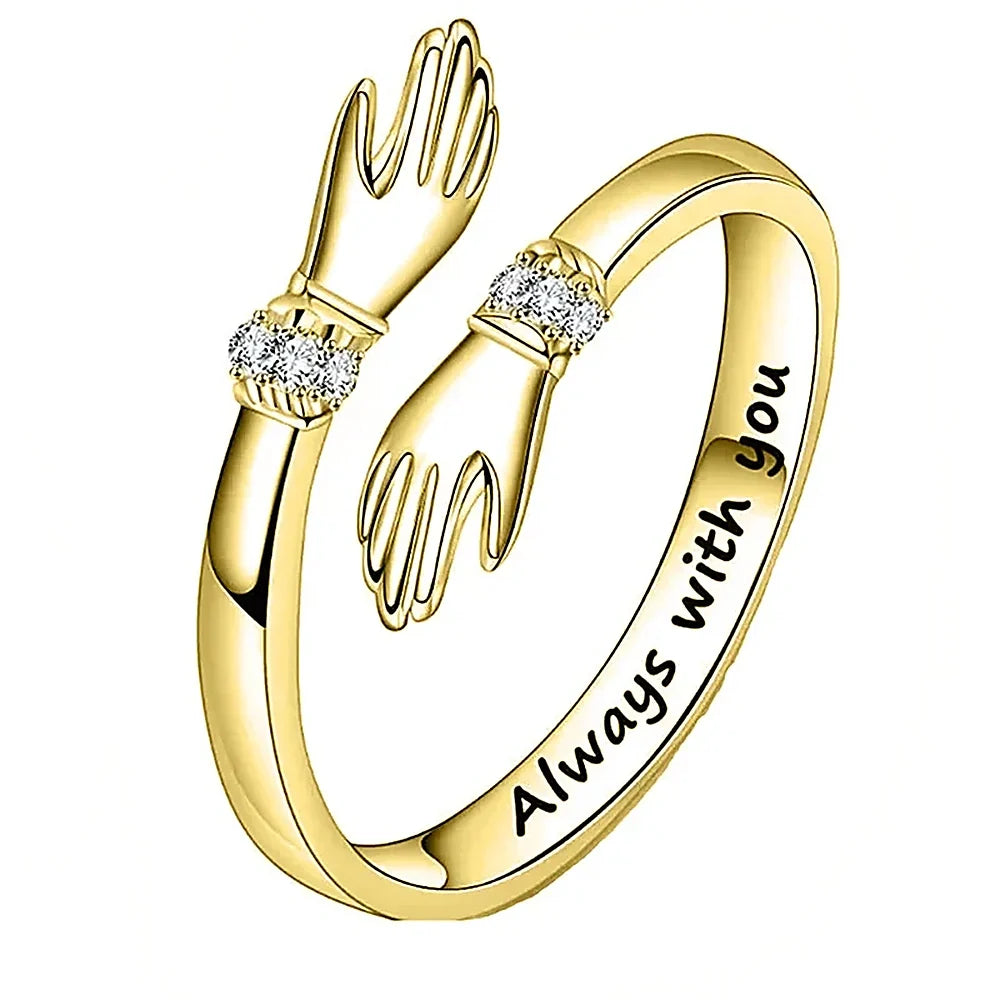Women's Adjustable Hug Ring with Hand Motif, Stone Accents and Engraving