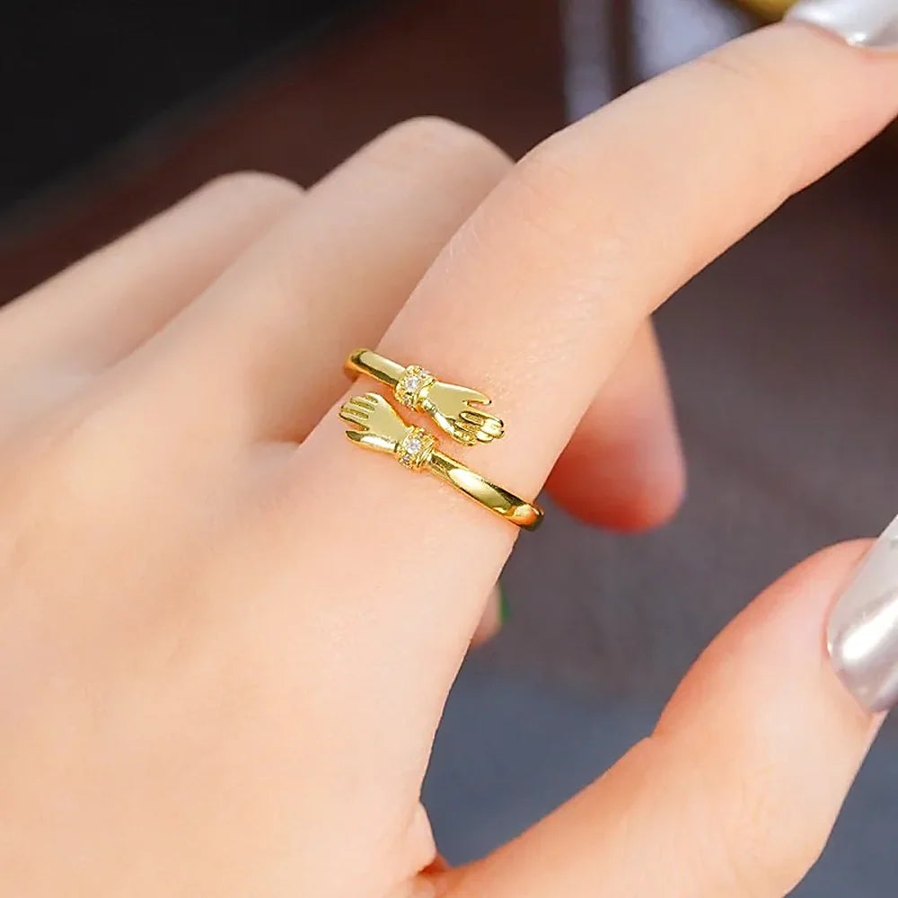 Women's Adjustable Hug Ring with Hand Motif, Stone Accents and Engraving