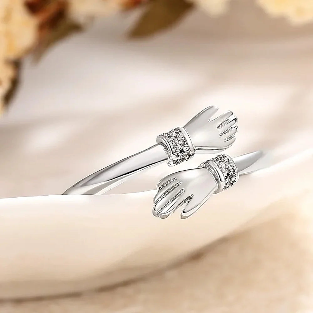 Women's Adjustable Hug Ring with Hand Motif, Stone Accents and Engraving