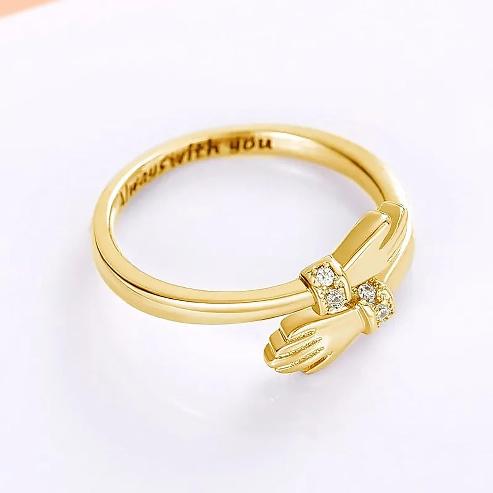 Women's Adjustable Hug Ring with Hand Motif, Stone Accents and Engraving