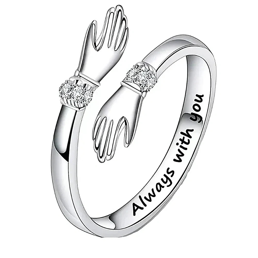 Women's Adjustable Hug Ring with Hand Motif, Stone Accents and Engraving