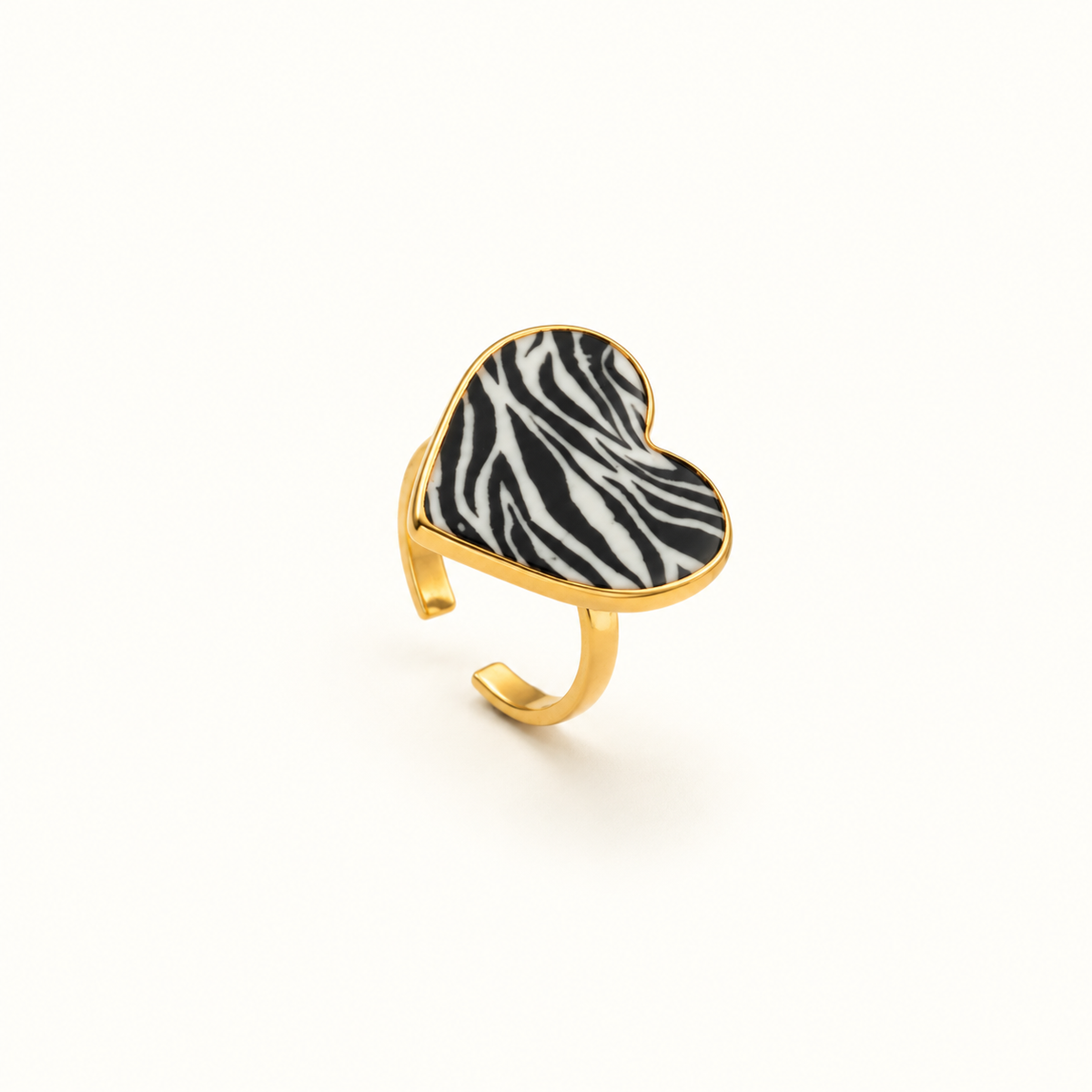 Women’s Adjustable Open Ring with Heart Detail and Zebra Pattern