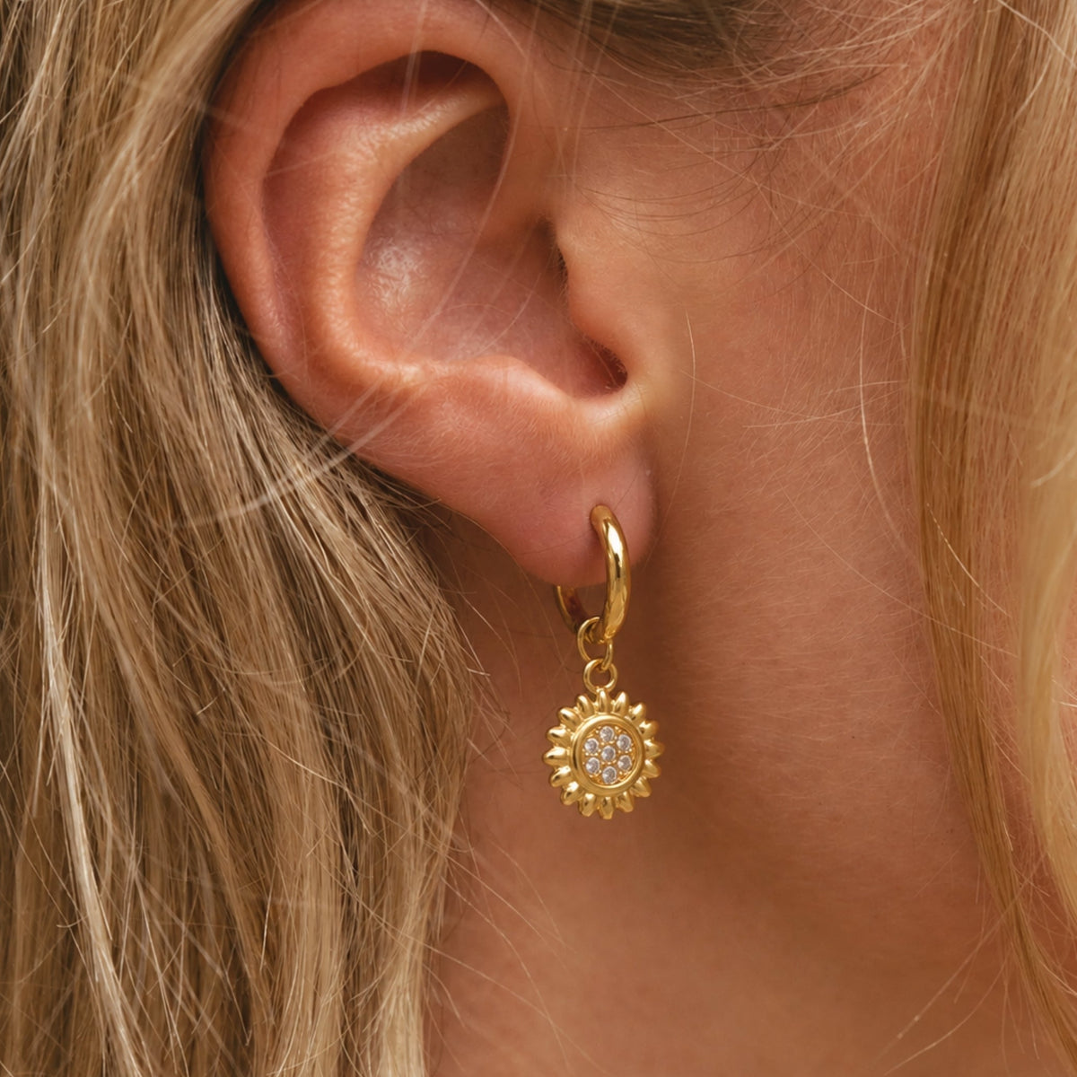 Women’s Huggie Earrings with Sun Pendant and Round Stone Setting
