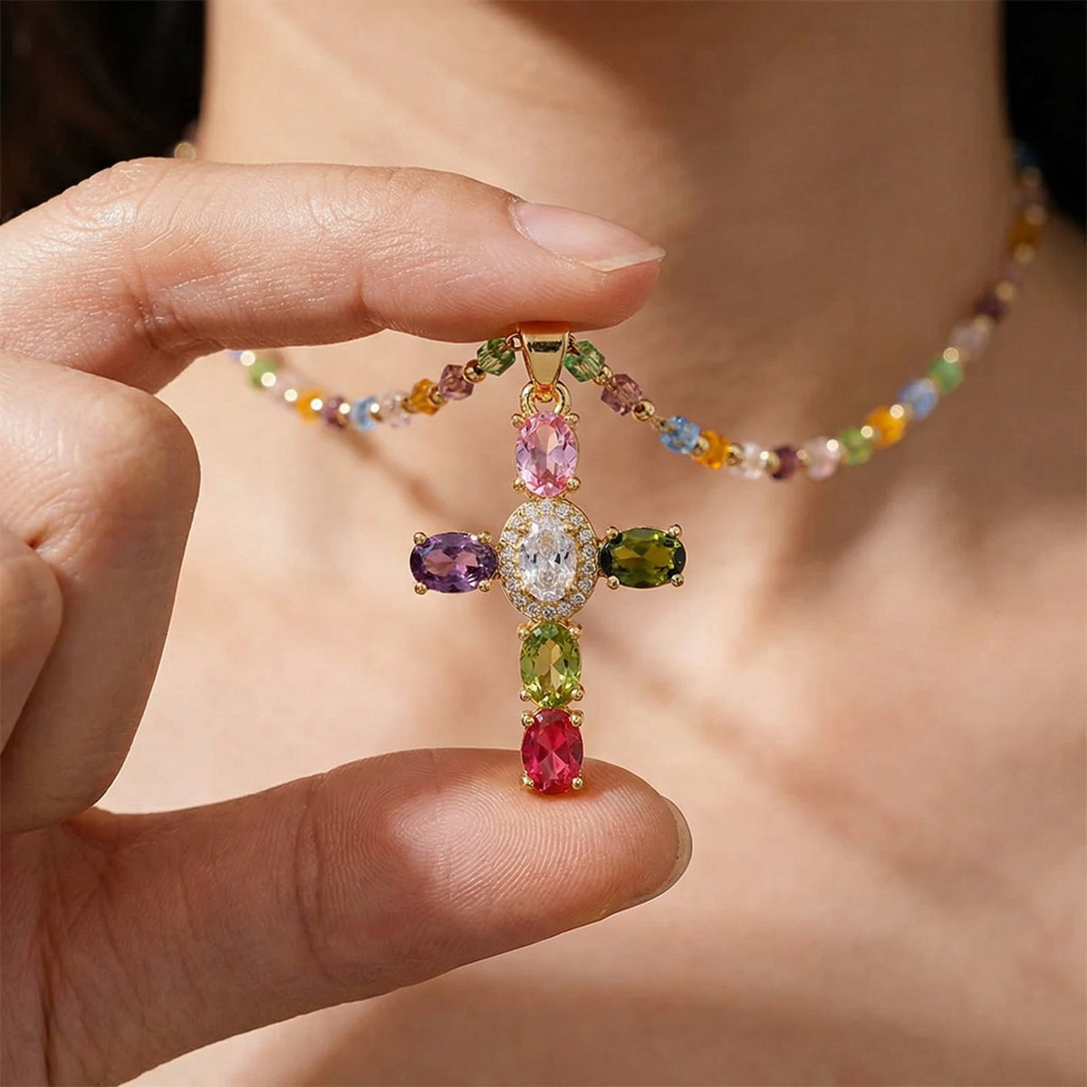 Women's Cross Necklace with Multicolored Stone Embellishment