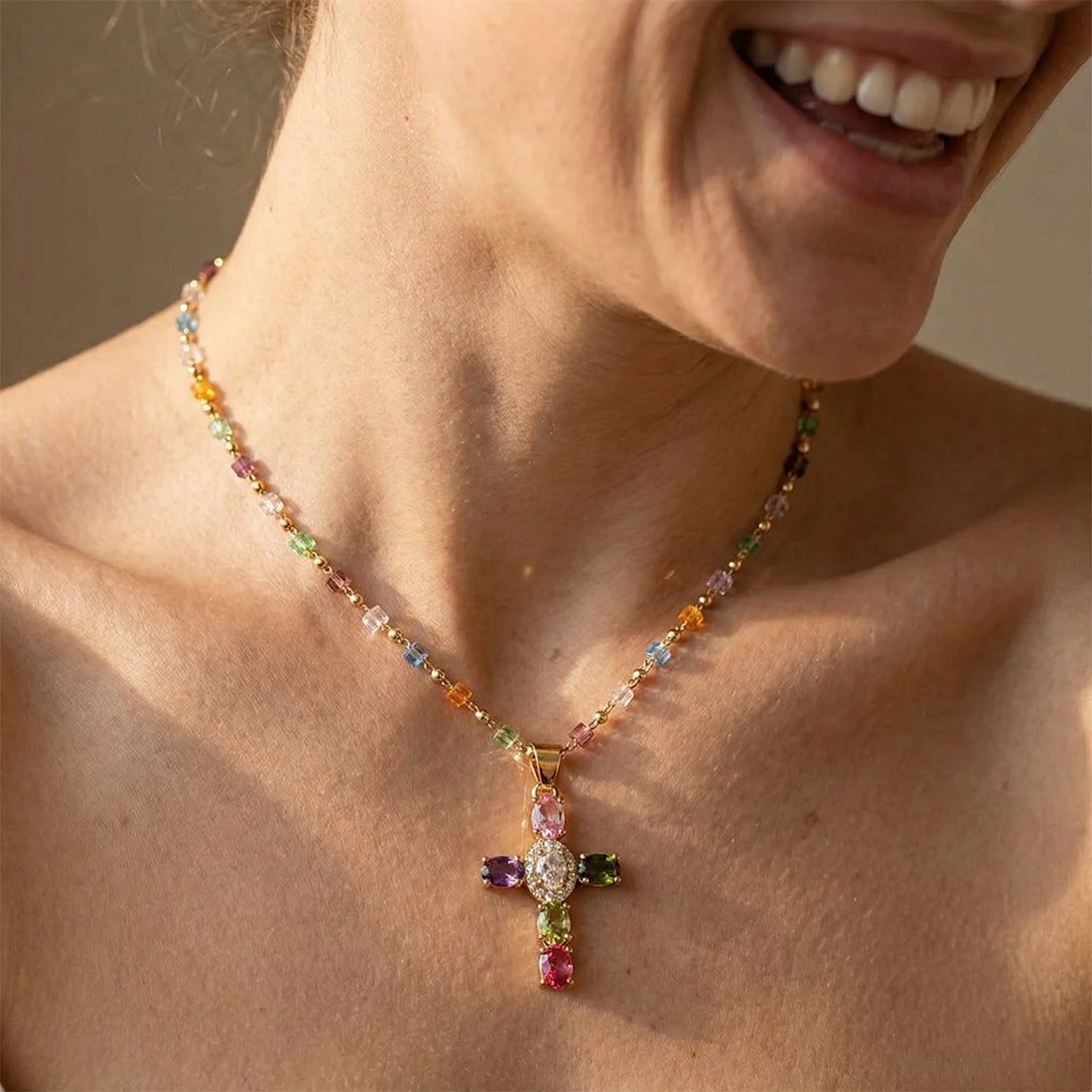 Women's Cross Necklace with Multicolored Stone Embellishment