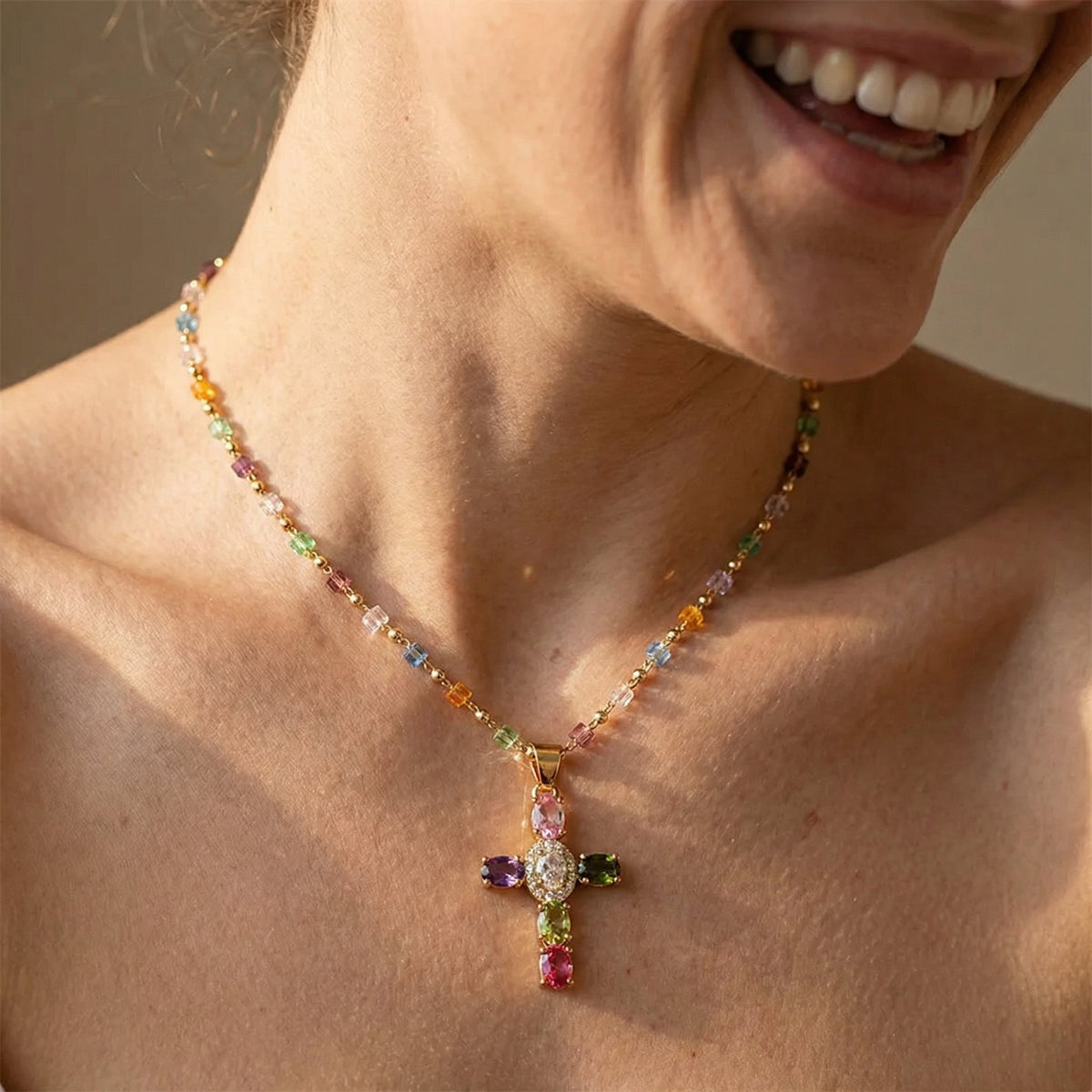Women's Cross Necklace with Multicolored Stone Embellishment