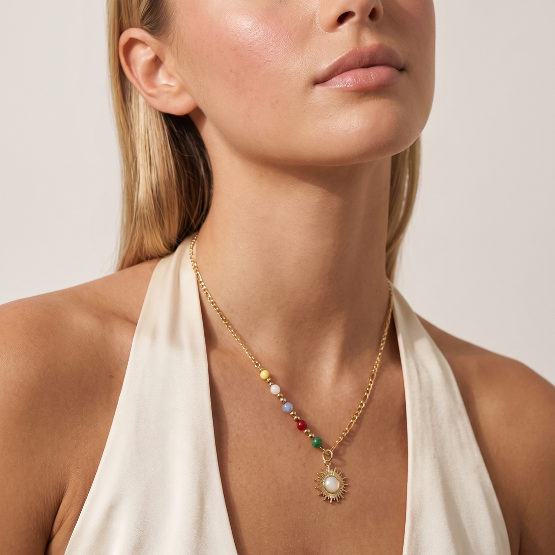Women's Pendant Necklace with Sun Motif and Ball Accents