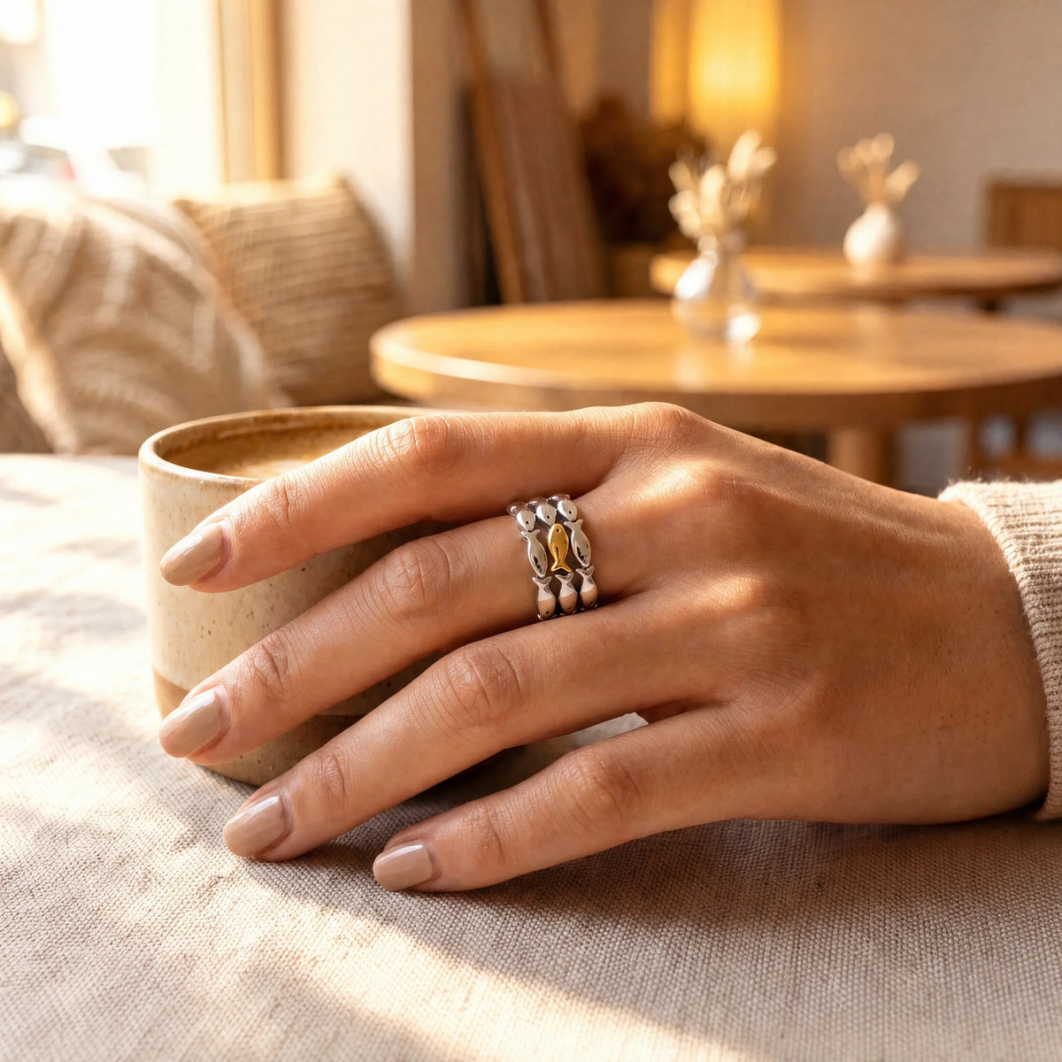Women’s Wide Ring with Fish Motif and Heart Detail